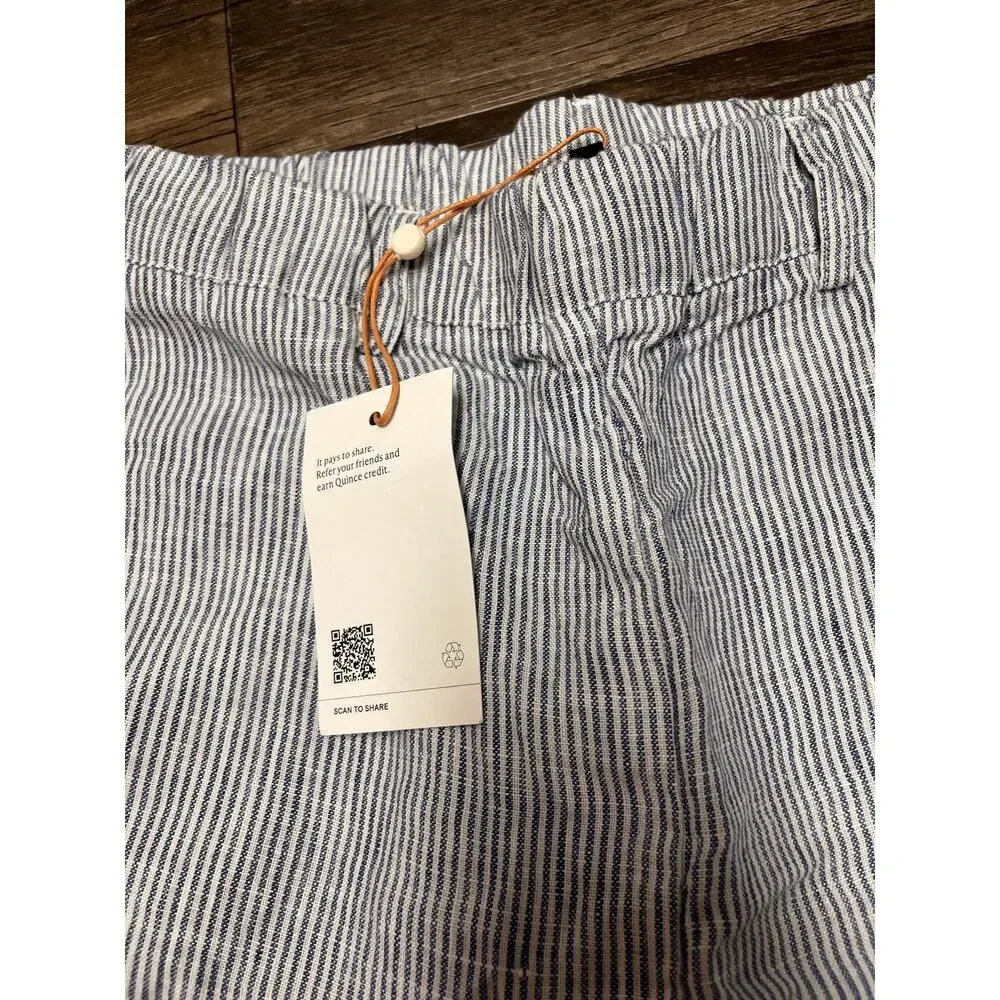 Quince 100% European Linen Pants S Blue Pinstripe Coastal Cropped Ankle Pull On